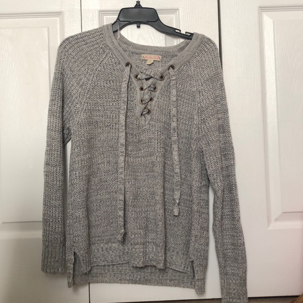 grey sweater white cross front